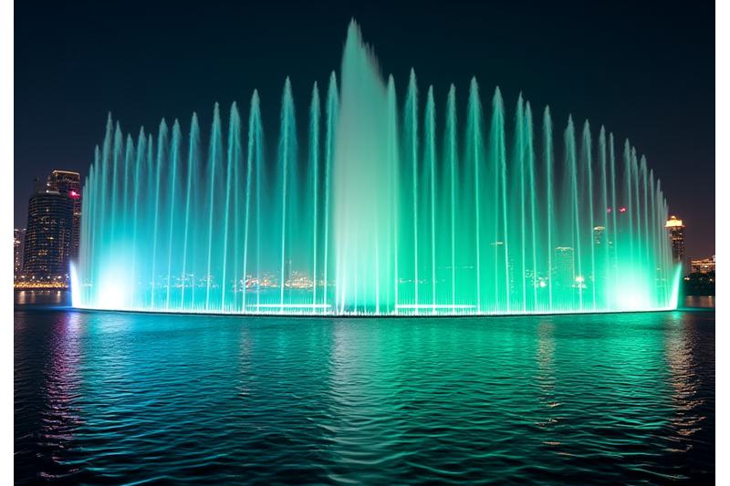 View of the reimagined Dubai Fountain with advanced lighting and aquatic robotics
