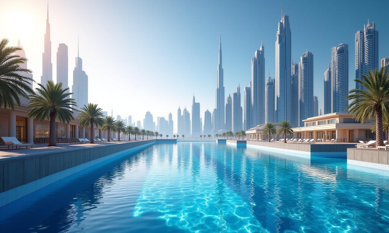 Monuments of Dubai with futuristic water features on a sunny day