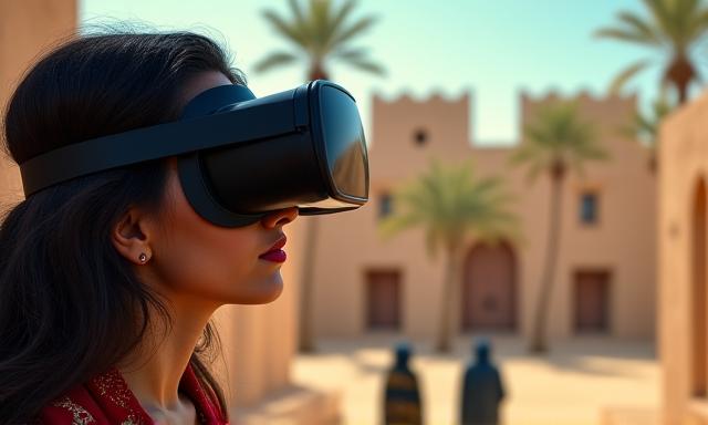 شخص يرتدي نظارة الواقع الافتراضي ويختبر مشهدًا تاريخيًا بالواقع الافتراضي، الإمارات